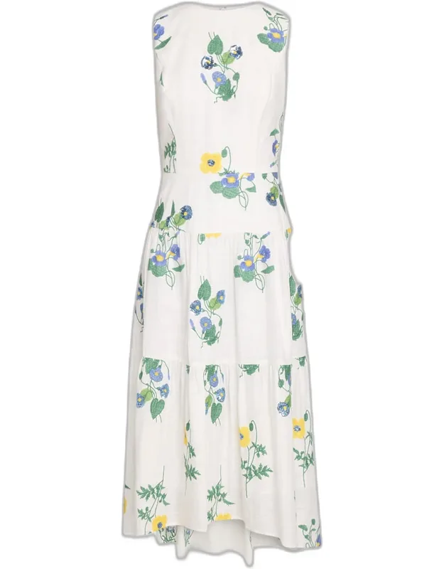 Tiered Floral-embroidered Midi Dress