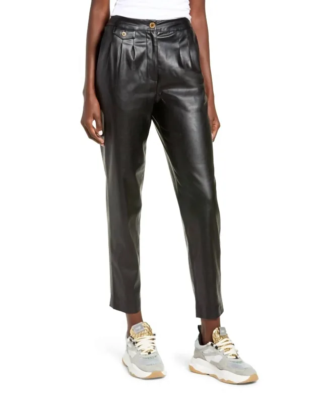 Faux Leather Pleated Trousers With Back Pockets