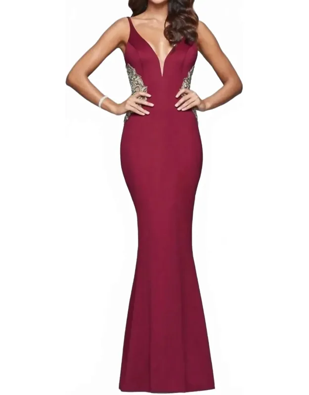Long Fitted Neoprene Dress With Beading At Side Waist And Open Back