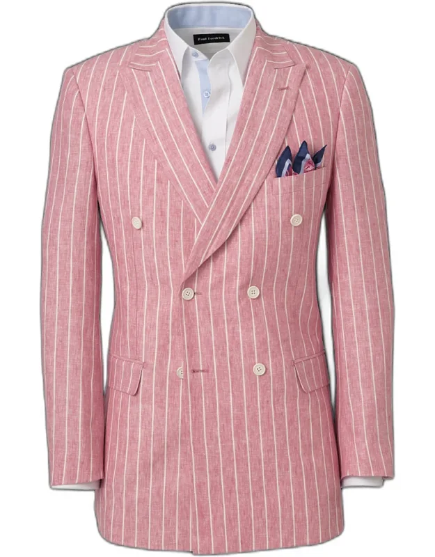 Pinstripe Linen Double Breasted Peak Lapel Suit Jacket