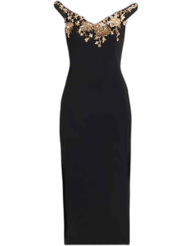 Floral Embroidered Crepe Off-the-shoulder Midi Dress