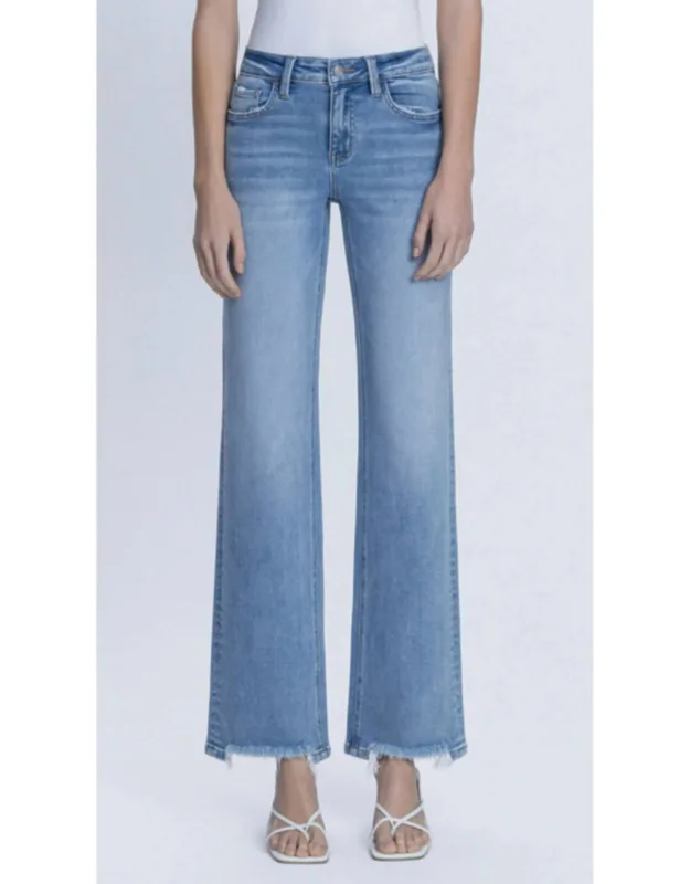 Mid Rise Full Length Distressed Hem Slim Wide Leg Jeans