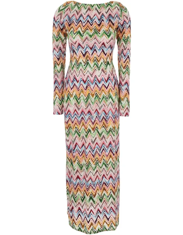 Long Zigzag Multicolor Dress With Crew Neck And Sleeves In Viscose Blend Polyamide Elastane