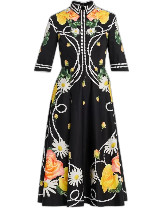 Floral & Pearl-print Cotton Midi Shirtdress