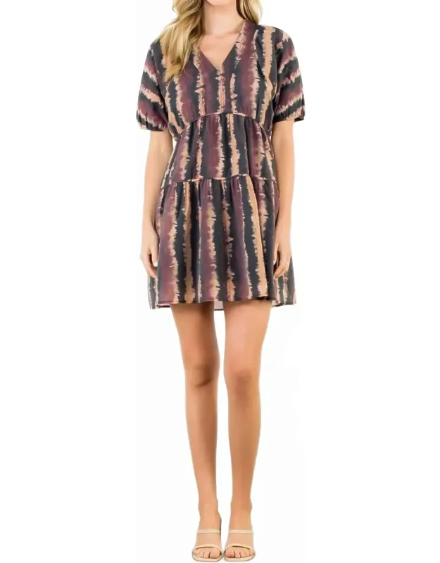 Pleated Trim Puff Sleeve Tie Dye Dress