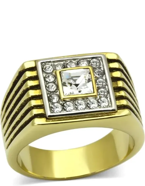 Two-tone Ip Gold Stainless Steel Ring With Top Grade Crystal, 5 Mm Center Stone