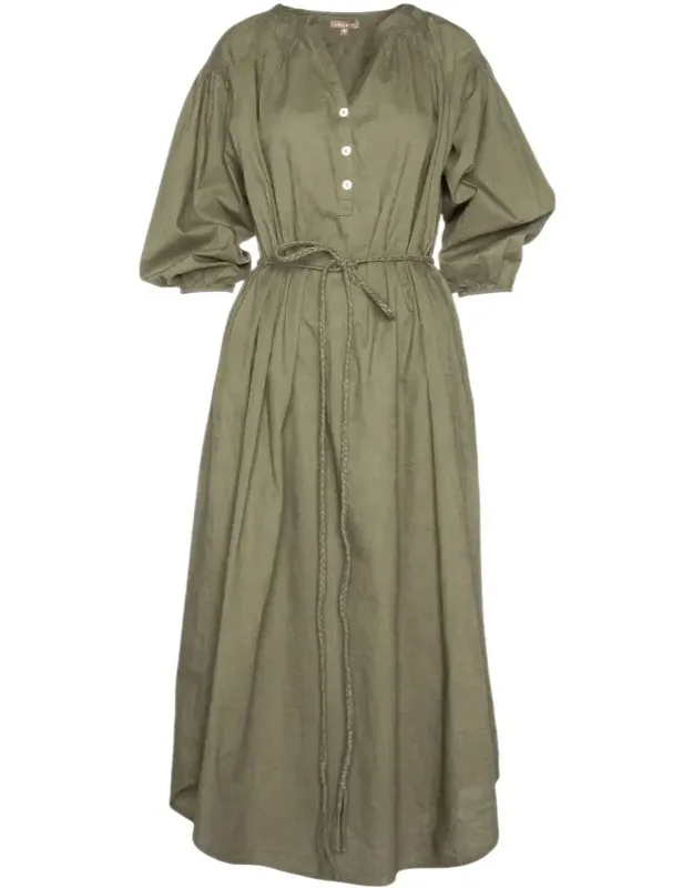 Woven Slub Split Neck Belted Maxi Dress