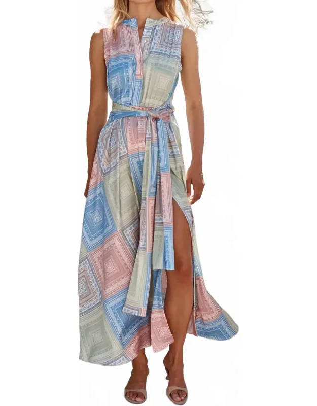 Anabella Maxi Dress In Tiles With Thigh-high Slit And Self-tie Belt