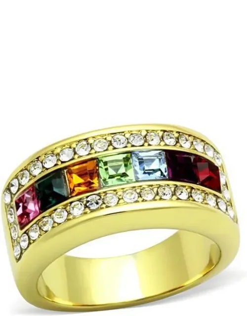Ip Gold Stainless Steel Ring With Top Grade Crystal, 3 Mm Multi Color Center Stone