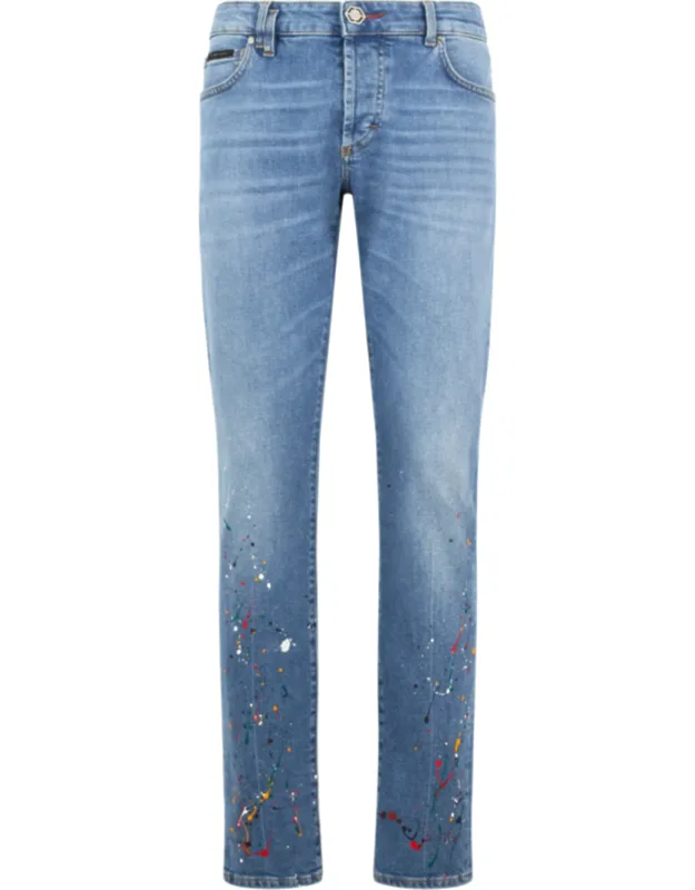Super Straight Cut Jeans With Used Effect Stretch Denim And Stained Paint Effect
