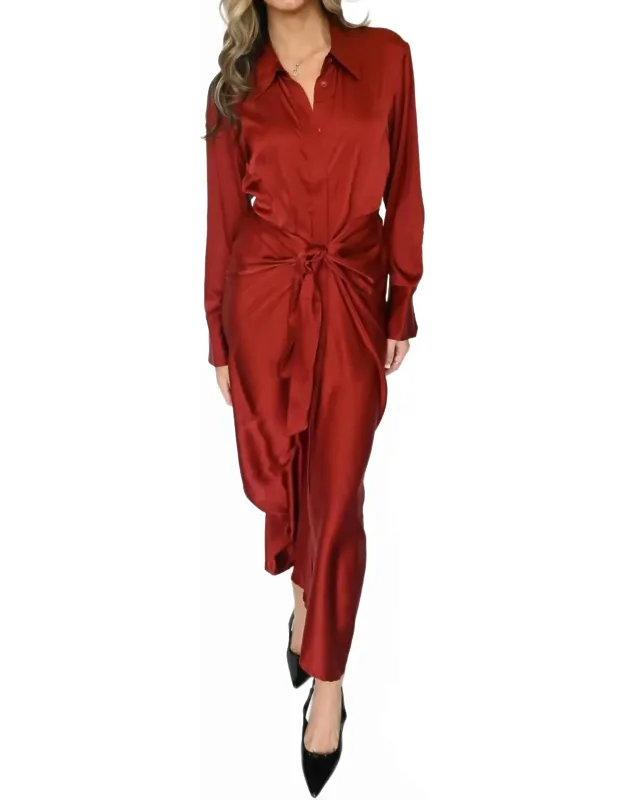 Long Sleeve Tie Front Satin Dress