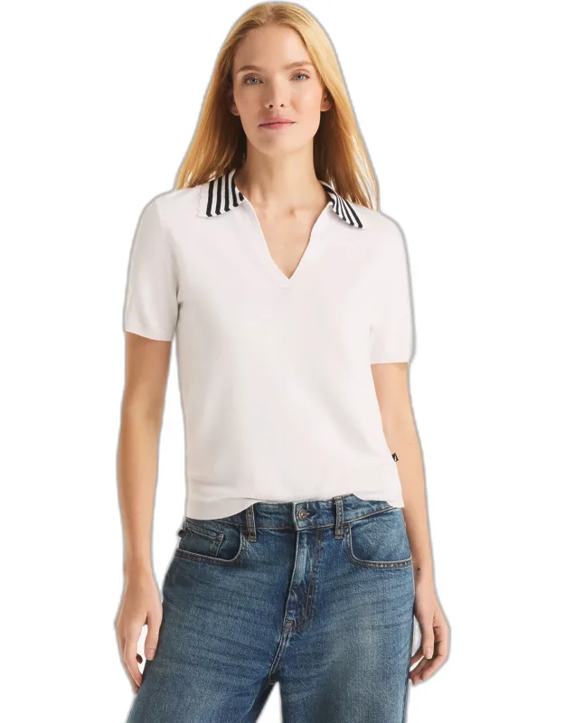 Scallop-trim Johnny Collar Short-sleeve Sweater