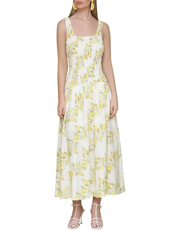 Drop Waist Smocked Bodice Linen-blend Dress