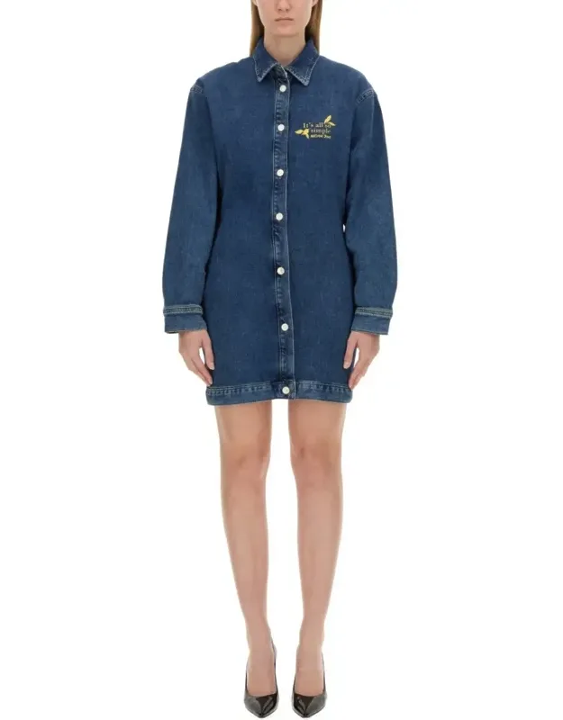 Classic Button-down Denim Dress With Embroidered Detail