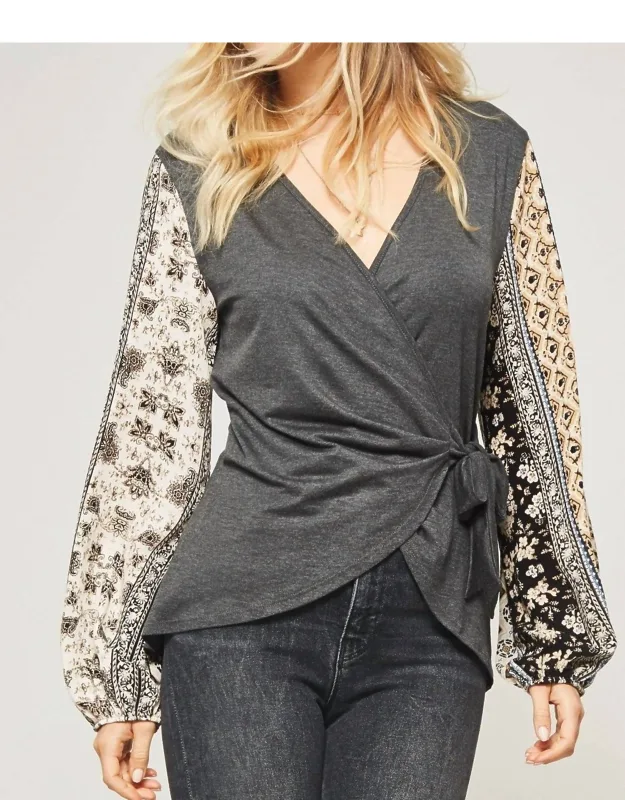 Floral Sleeve Wrapped Knit Top