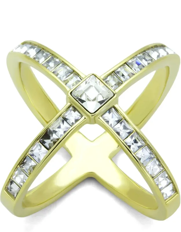 Ip Gold Stainless Steel Ring With Top Grade Crystal And Clear Center Stone