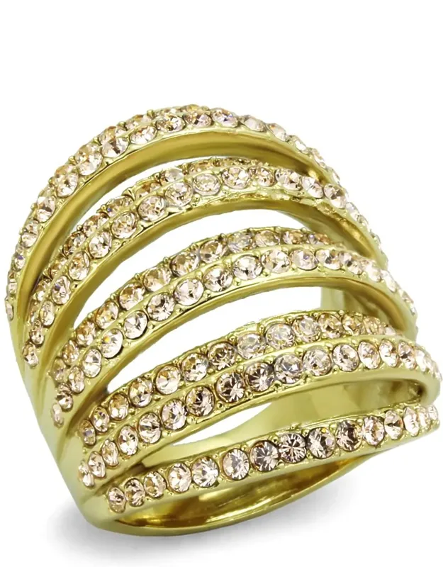 Ip Gold Stainless Steel Ring With Top Grade Crystal And Light Peach Color