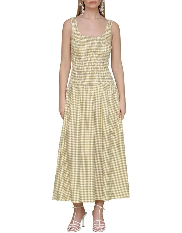 Drop Waist Smocked Bodice Linen-blend Dress