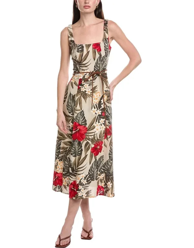 Printed Linen-blend Sleeveless Midi Dress