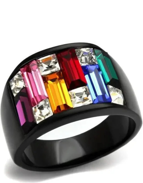 Ip Black Stainless Steel Ring With Top Grade Crystal And Multi Color Center Stone