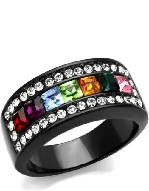 Ip Black Stainless Steel Ring With Top Grade Crystal And Multi Color Center Stone