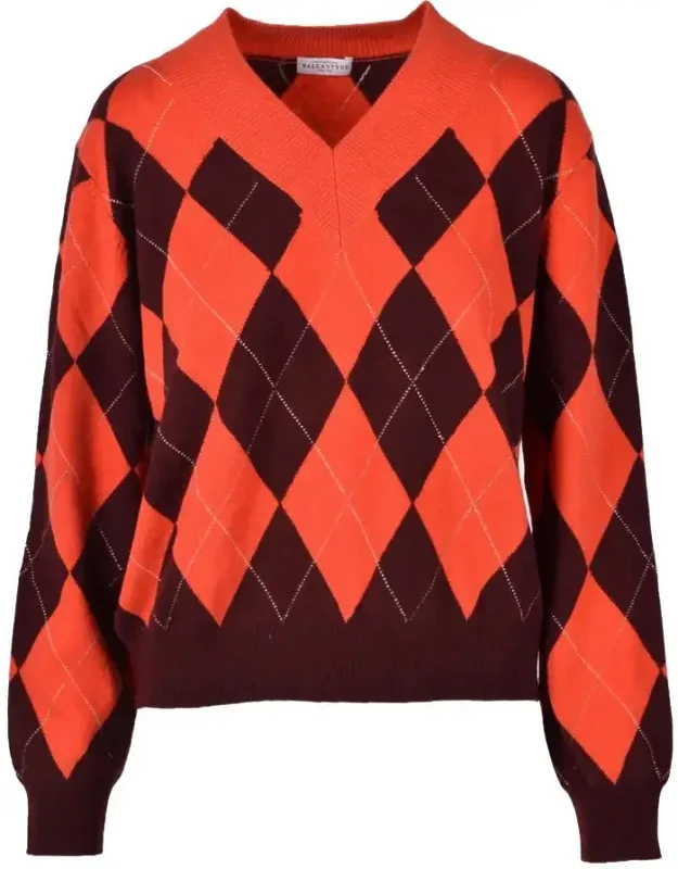 Argyle Pattern Cashmere Pullover Sweater, V-neckline, Ribbed Cuffs