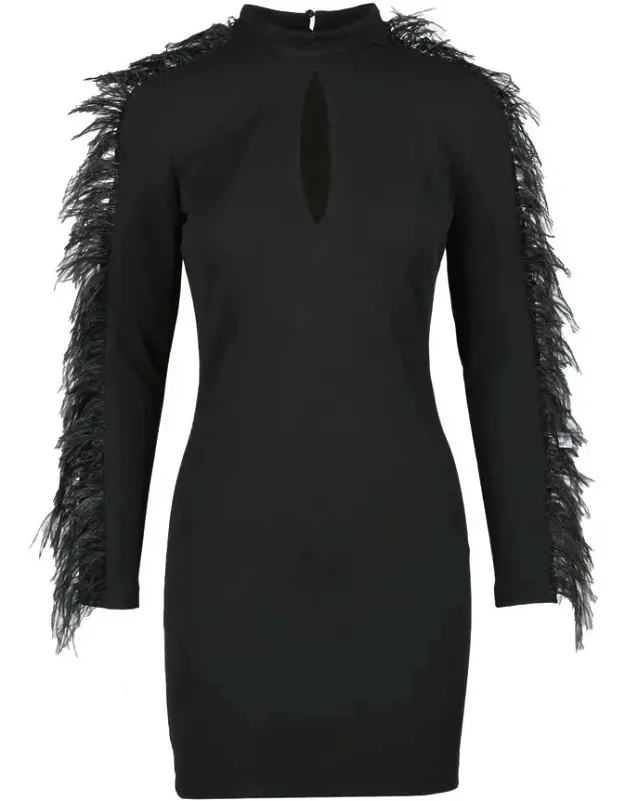 Fitted Mini Dress With Feathered Fringes