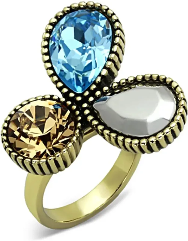 Ip Gold Stainless Steel Ring With Top Grade Crystal, Multi Color