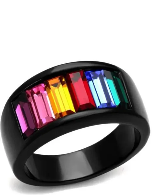 Ip Black Stainless Steel Ring With Top Grade Crystal And Multi Color Center Stone