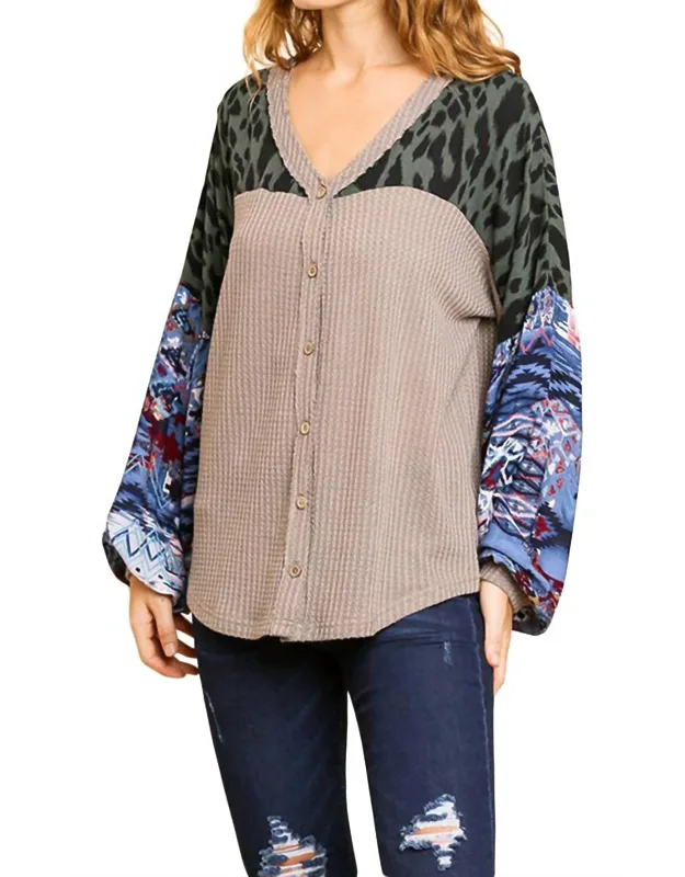Animal & Aztec Waffle Knit Top