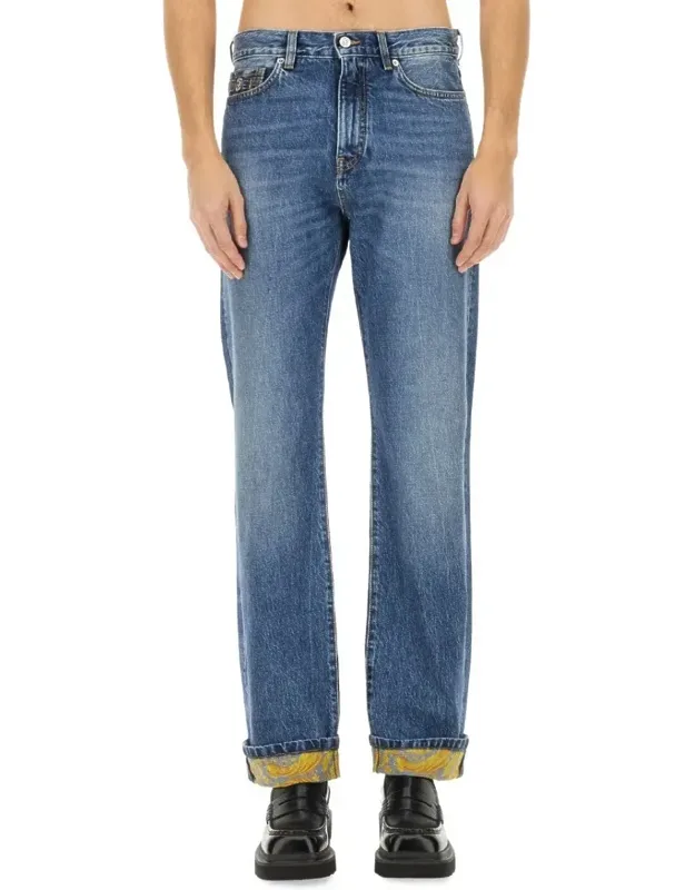Jeans In Denim With Rolled Cuffs And Patterned Lining