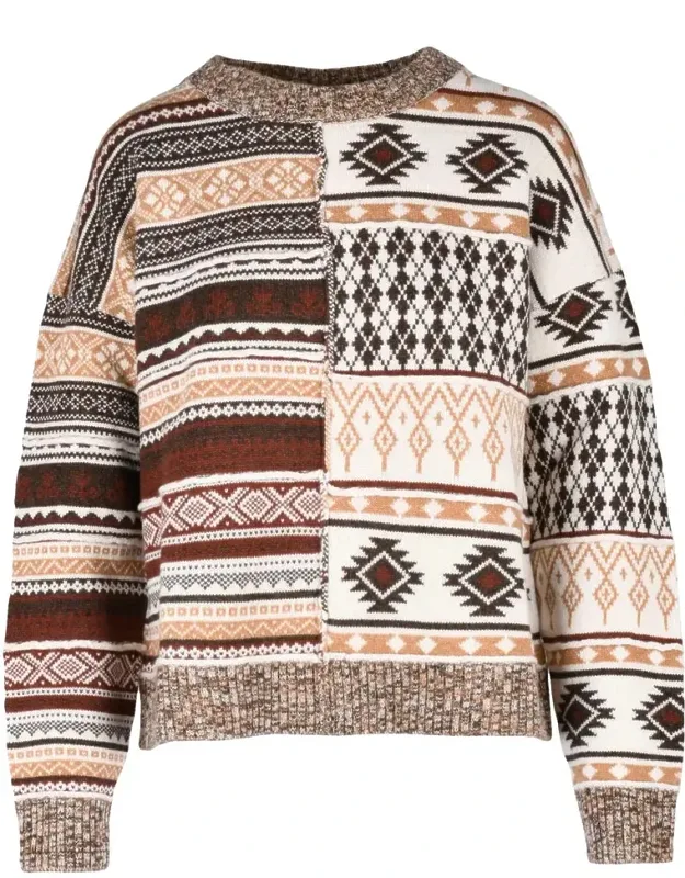 Crew Neck Sweater - Intricate Patchwork Design, Exceptional Thermal Insulation