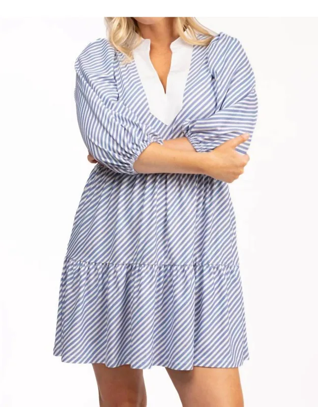 Tory Dress In Chambray Stripe With Puff Sleeves And Collar Neckline