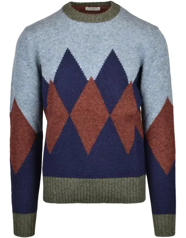 Wool Crewneck Pullover With Argyle Pattern And Ribbed Trims