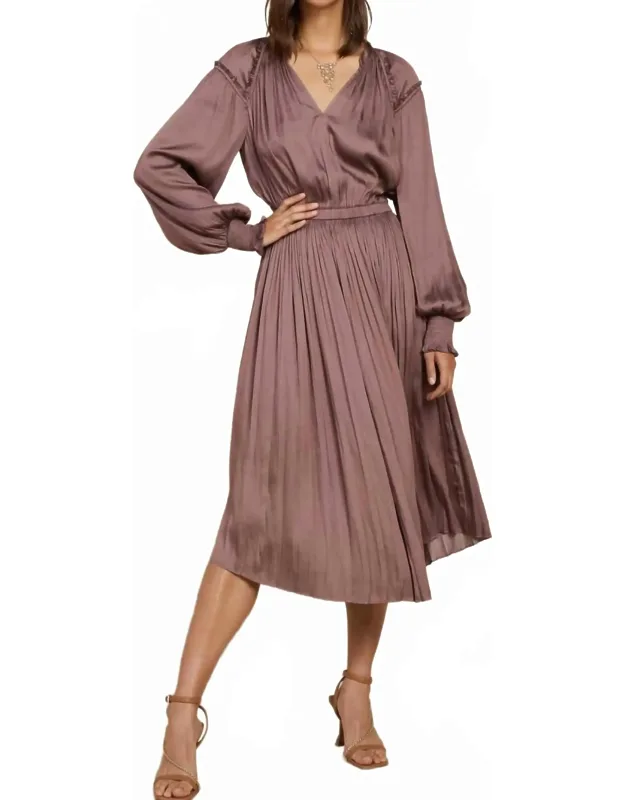 V-neck Long Sleeve Midi Dress With Smocked Cuffs And Ruffle Details