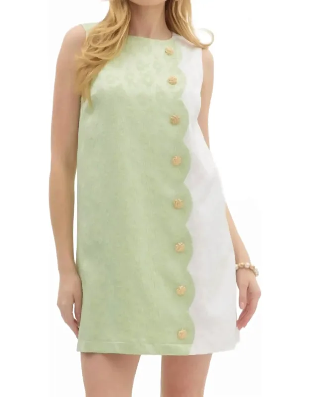 Ainsley Mini Dress With Floral Jacquard Pattern And Gold Button Scallop Edge