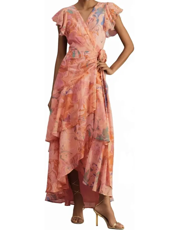 Flutter Sleeve Ruffled Wrap Maxi Dress