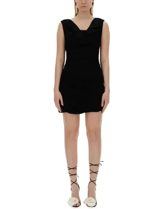 Jersey Dress With Draped Neckline And Ruched Design