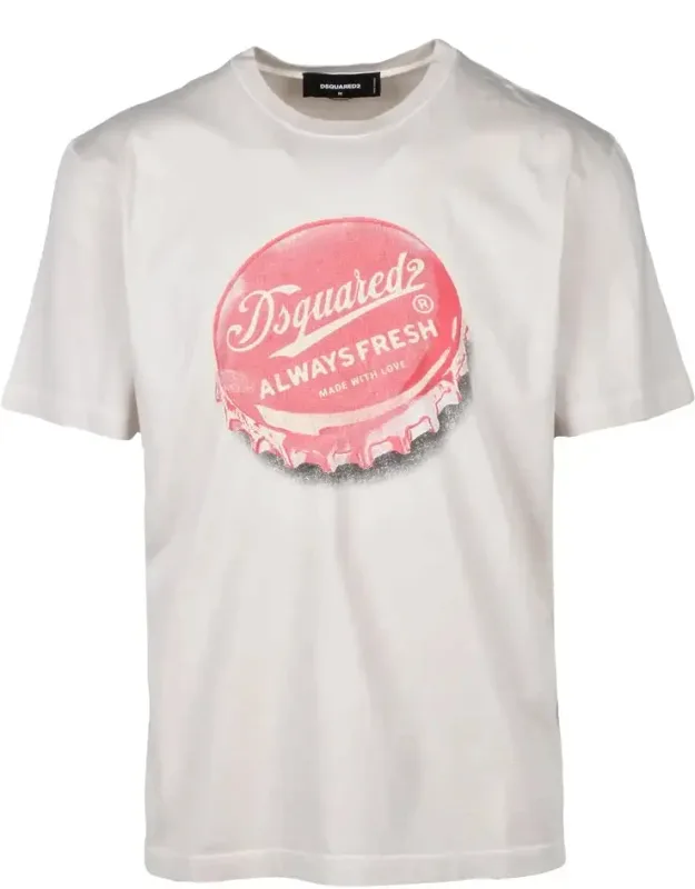 Crew Neck T-shirt - Vintage-inspired Graphic Of A Red Bottle Cap