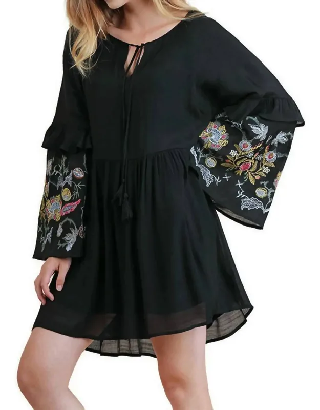 Ruffled Embroidered Keyhole Dress