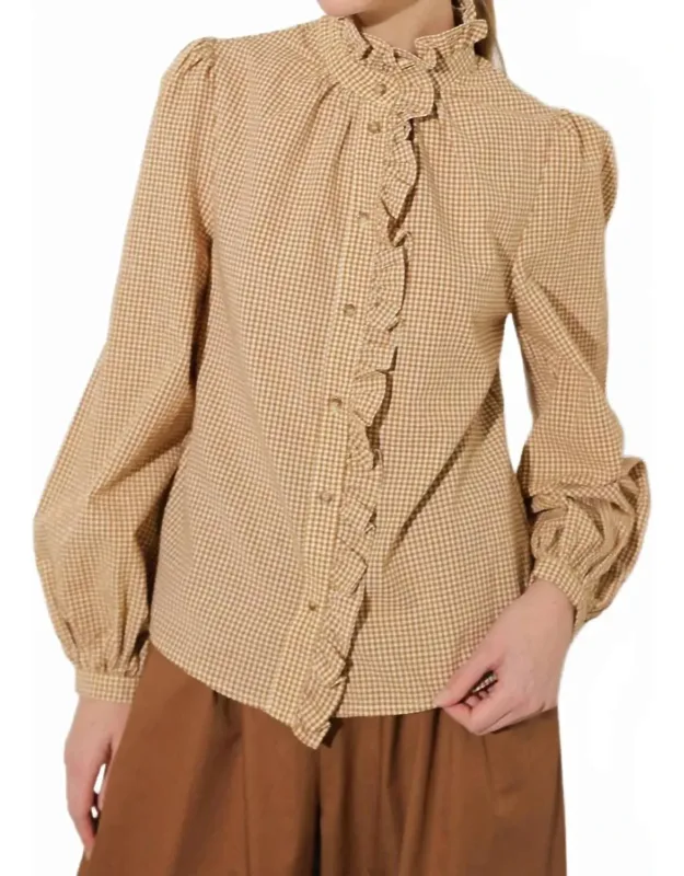 Checkered Print Ruffle Front Shirt