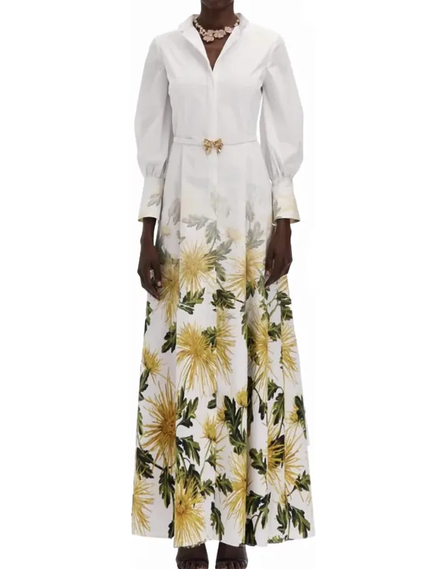 Long Sleeve Chrysanthemum Fade Poplin Caftan Dress