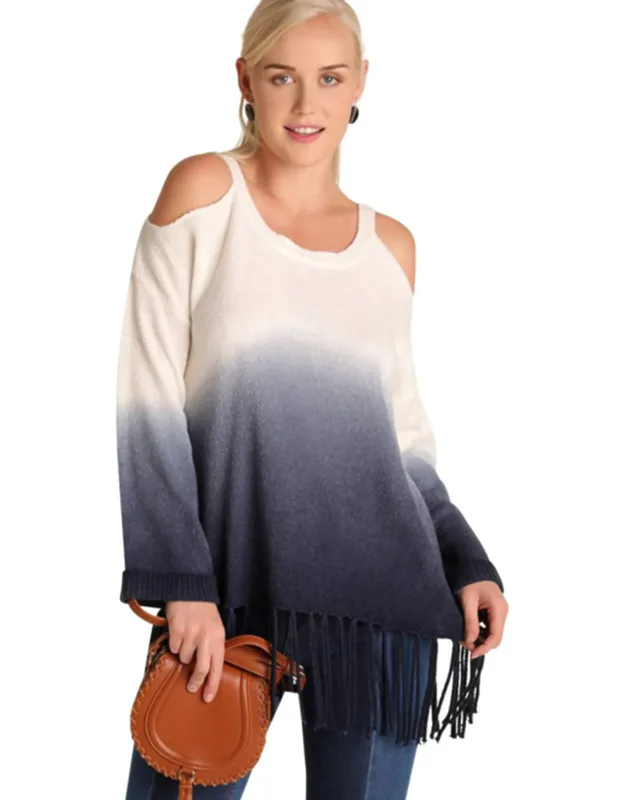Ombre Cold Shoulder Fringe Sweater