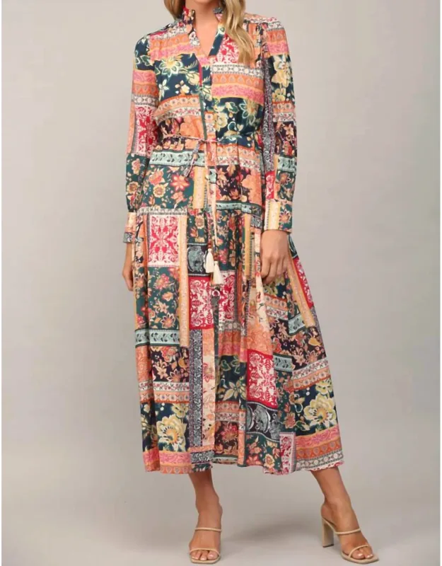 Bohemian Patchwork Print Button Front Maxi Dress