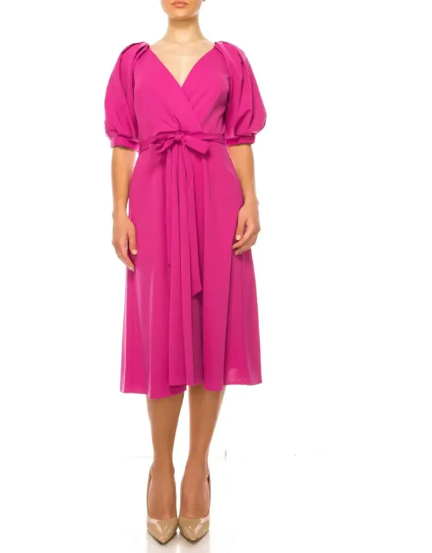 Belted Puff Sleeve A Line Dress