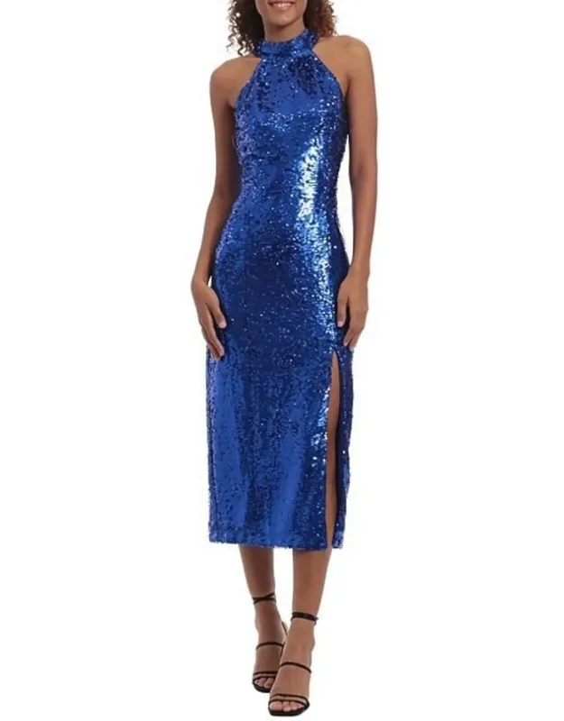 Full Sequin Halter Front Slit Midi Party Dress