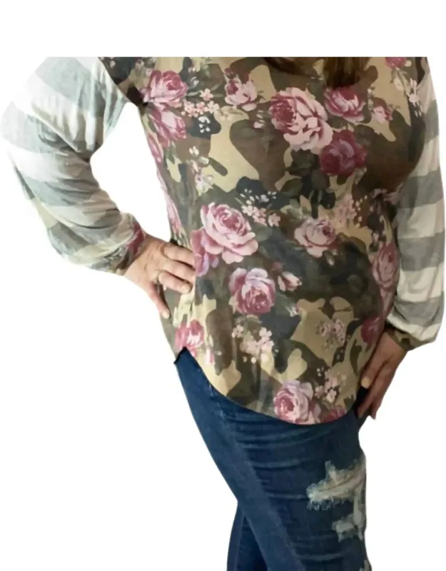 Camo And Floral Puff Sleeve Top