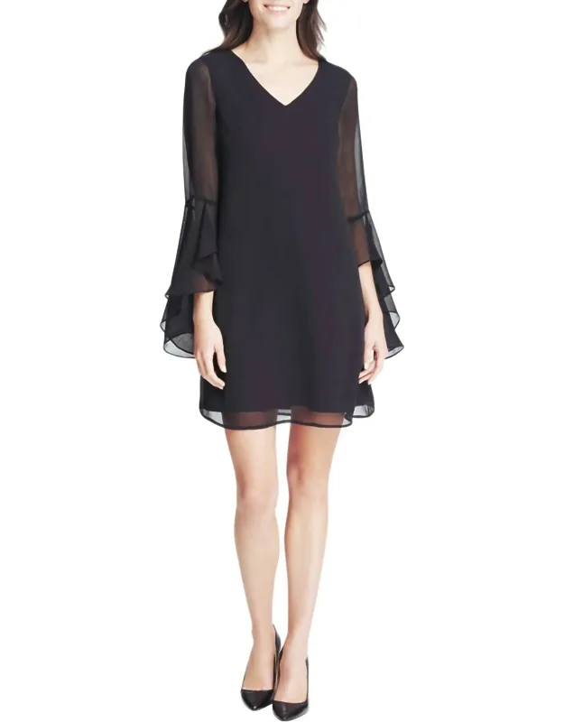 Unlined Chiffon Sleeve High Low Cuff Ruffle Detail V-neck Shift Dress
