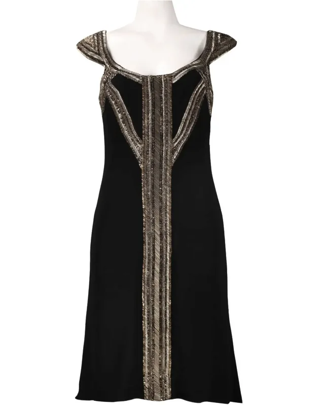 Scoop Neck Mixed Bead Trim Detail High Low Crepe Dress