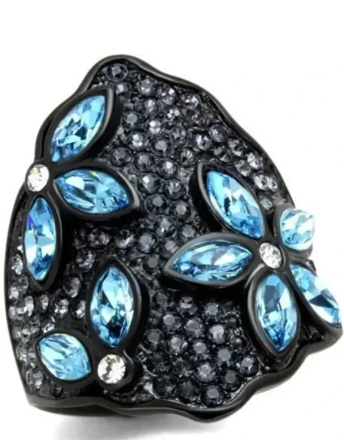 Ip Black Stainless Steel Ring With Top Grade Crystal And Sea Blue Center Stone